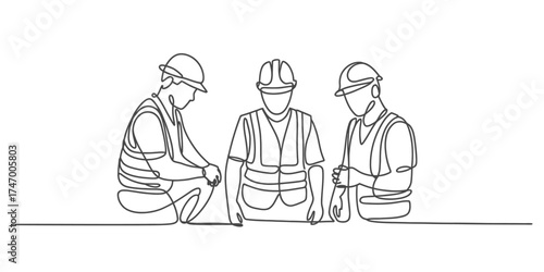 Continuous line drawing of construction workers in helmets and vests collaborating on a project vector