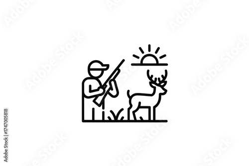 Hunter with rifle and deer in a field under the sun icon