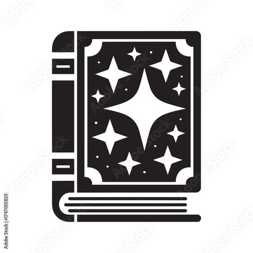 Enchanted spell book with glowing stars and magical sparkles on a dark background