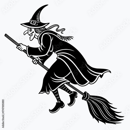 Black silhouette of a witch flying on a broomstick 1