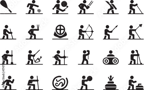 Collection of black and white sport silhouette icons depicting different sports activities