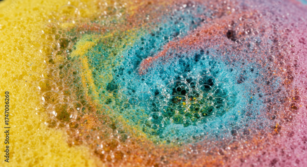 Fototapeta premium Colorful bath bomb dissolving in water creating vibrant abstract texture. Macro view of fizzing bubbles and foam for spa and relaxation concept