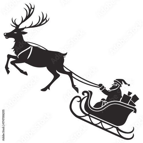 Black silhouette of Santa Claus riding a reindeer pulled sleigh