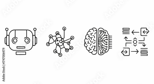 Minimal 4 Icon Vector Set – Artificial Intelligence Symbols of Robot Head, Neural Network, Brain Chip and Data Flow in Flat SVG Outline Style on White Background