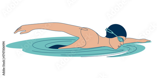 Continuous single line drawing of a person swimming the freestyle stroke vector