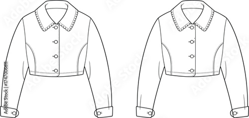 fashion, apparel, garment, clothing, jacket, cropped, outerwear, blazer, coat, illustration, sketch, vector, design, template, outline, pattern, textile, fabric, collar, button, cuffs