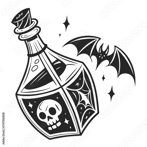 Black spooky potion bottle with skull and bat icon