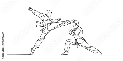 Dynamic taekwondo one line drawing martial arts action scene vector