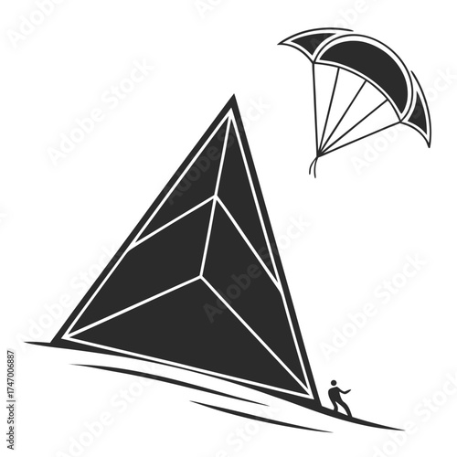 Black triangular shape with kite surfer and kite surfing