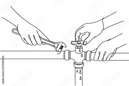 Two pairs of hands working together to repair a leaky pipe with a wrench
