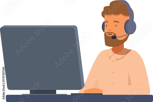 Man working as a call center operator, providing customer support and answering inquiries