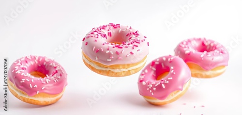 Pink and white frosted donuts with sprinkles, floating on white,  studio shot,   studio
