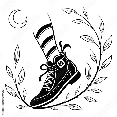 Black vector witch shoe with curled toe and striped sock