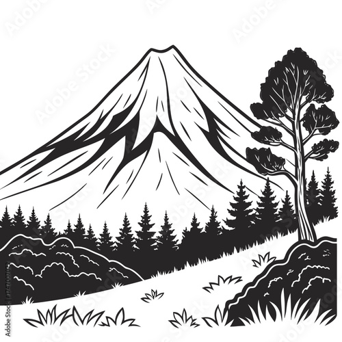 Black volcanic mountain with pine trees and grass on white background