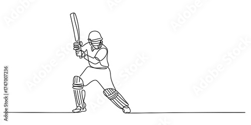 Continuous one line drawing of a cricketer batting dynamic pose sport art vector