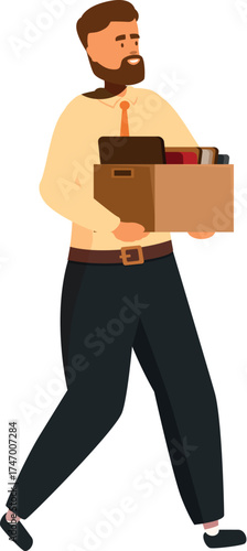 Dismissed employee leaving the office carrying a box with his belongings