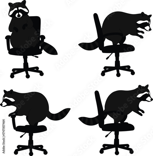 Whimsical raccoon silhouette office chair collection, four playful poses with humorous animal character, creative workplace cartoon artwork, dynamic business lifestyle illustration series