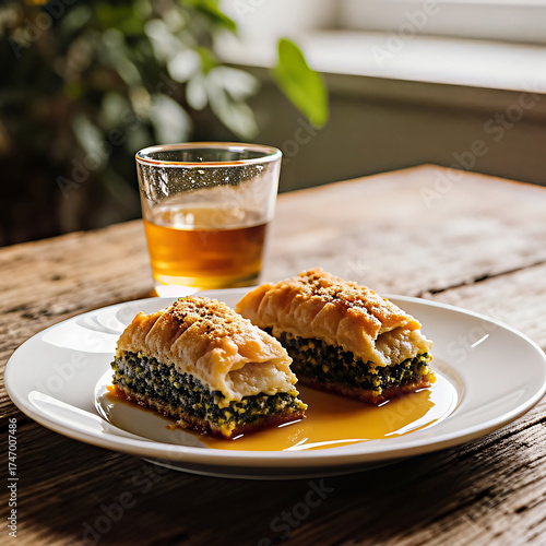 Close-Up of Delicious Baklava Dessert and Tea in Natural Light Setting