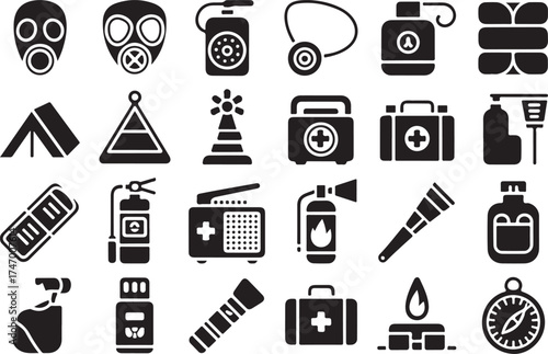 Emergency preparedness and safety icons set in solid black for disaster situations