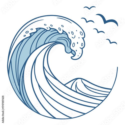 Blue wave and seagulls vector graphic ocean water