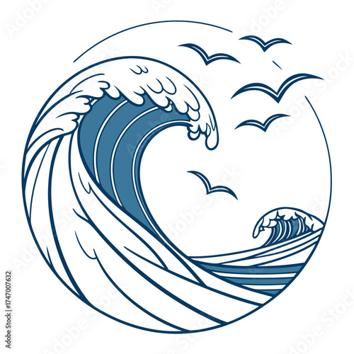 Blue wave and birds circular graphic ocean water