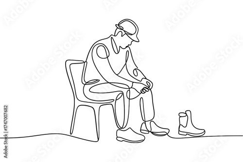 Solitary soldier sitting on chair with boots off in minimalist line art style
