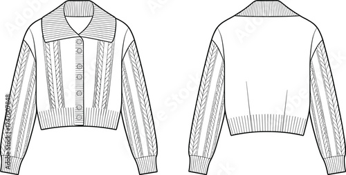 fashion, apparel, garment, clothing, knitwear, cardigan, sweater, pullover, jumper, illustration, sketch, vector, design, template, outline, pattern, textile, fabric, ribbed, cable, cuffs