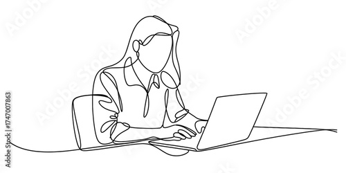 Continuous line art of a person working on a laptop vector
