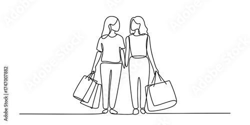 Continuous one line drawing of two stylish women carrying shopping bags together vector