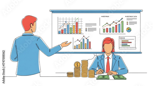 Colorful Minimalist Continuous Line Illustration of Person Presenting Investment Data with Projector and Finance Manager Stacking Coins and Dollar Bills, Symbolizing Budgeting and Money Management