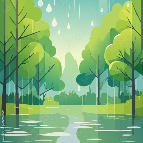 Rainy forest scene with trees and puddles
