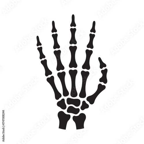 Black silhouette of a skeleton hand showing all five fingers against a white background