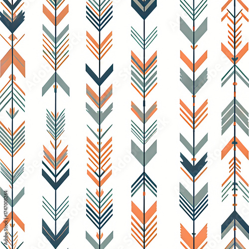 Wallpaper Mural Seamless geometric arrow pattern in boho style, orange and teal vertical arrows on white background Torontodigital.ca