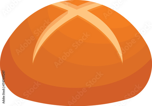 Freshly baked round bread featuring a decorative cross shaped cut, perfect for breakfast or sandwiches