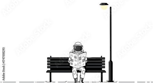 Astronaut reads newspaper on bench under streetlight at night