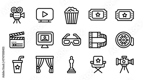 Collection of Cinema Icons Film Production and Entertainment Industry Related Graphics for Design and Creative Projects