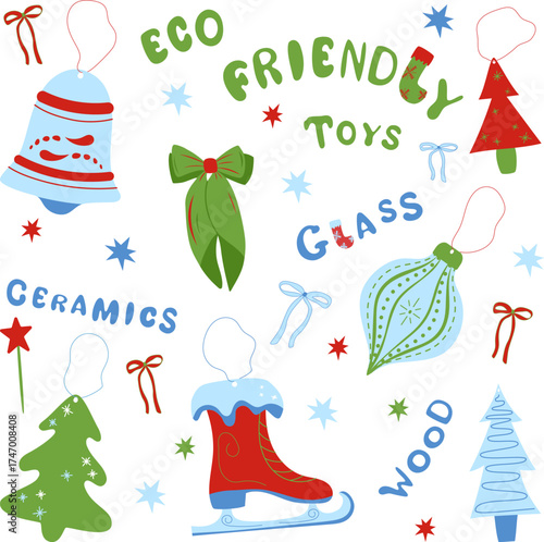 Christmas set decorations. Decorative eco friendly toys made of wood, glass, ceramics. Vector illustration with lettering and colourful toys.