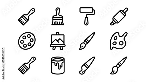 Art Supplies Icon Set for Designers Illustrators and Creative Projects Featuring Brushes Palette Easel and Paint Roller for Digital and Print