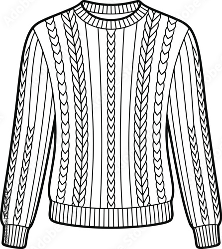fashion, apparel, garment, clothing, knitwear, sweater, pullover, jumper, illustration, sketch, vector, design, template, outline, pattern, textile, fabric, cable, ribbed, collar, cuffs