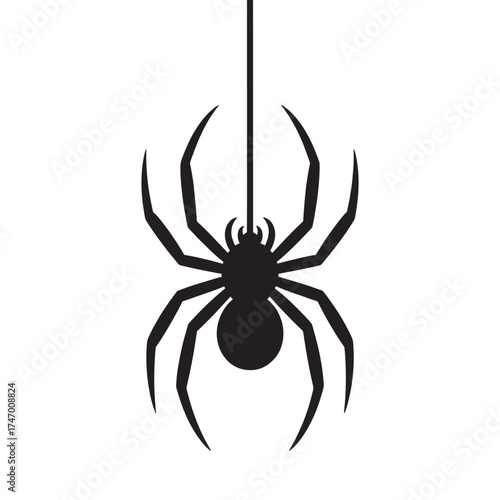 Black silhouette of a spider hanging from a single strand of silk against a white background