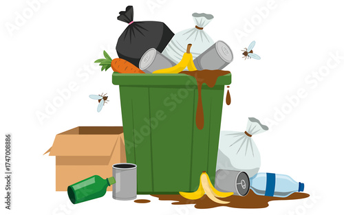Overflowing Green Trash Can with Flies and Discarded Items Representing Pollution and Waste Management Problems