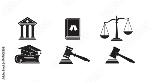 Symbols of justice law education and legal proceedings illustrated in black