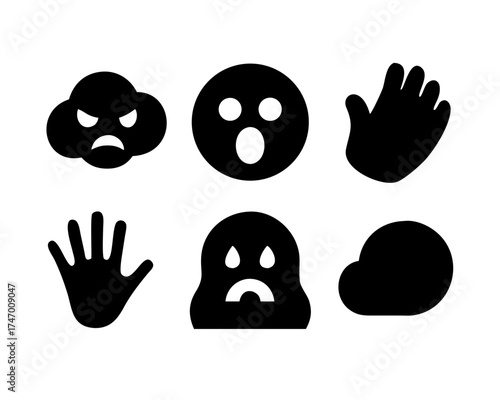 Collection of black emoji icons expressing negative emotions