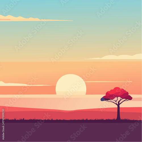 Sunset landscape with tree and horizon