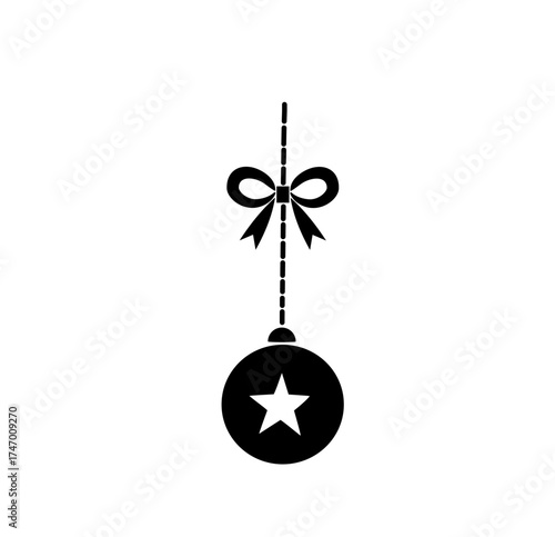 Simple Christmas ornament ball with ribbon bow line art. Minimal hanging decoration icon with star detail