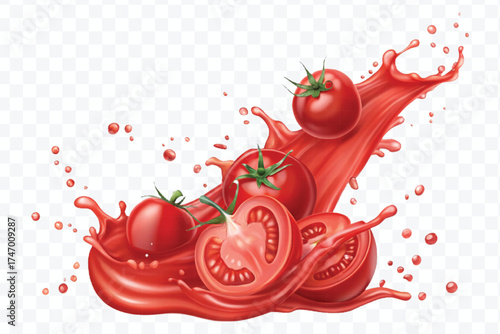 abstract 3d red tomato juice or ketchup sauce splashes in different style isolated on transparent background