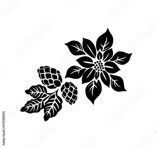 Minimal poinsettia and holly leaves line art illustration. Elegant Christmas floral element representing holiday joy and winter decoration. Perfect for greeting cards, packaging, and festive prints. 