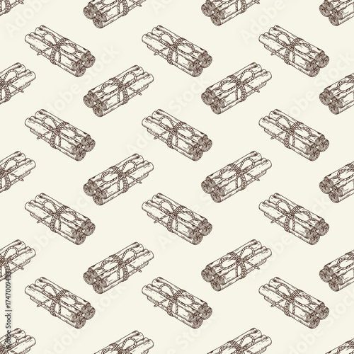 Hand-drawn seamless pattern of bundled cinnamon sticks. 