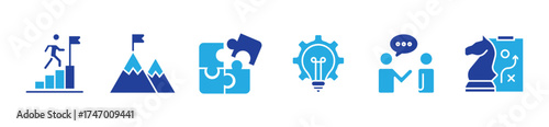 Business strategy set of web icons in line style. A collection of linear icon representing key business concepts, including market analysis, strategy, leadership, innovation, planning. Editable stroke