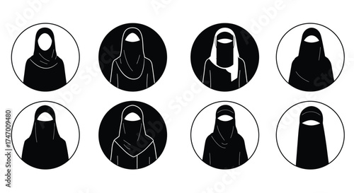 Diverse styles of islamic head coverings and face veils in circular designs